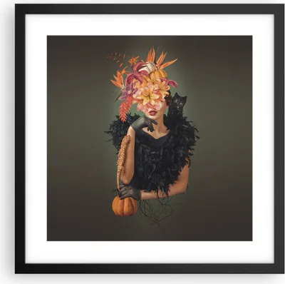 Produktbild von Gerahmtes Poster - Schwarzer Rahmen - Frau Katze Blumen - 40x40 cm - Wand Bild - Wanddeko - Wandbilder - Kunstposter - Wandposter - Bilderrahmen - Bilder - Kunstdruck - P2BAC40x40-4825