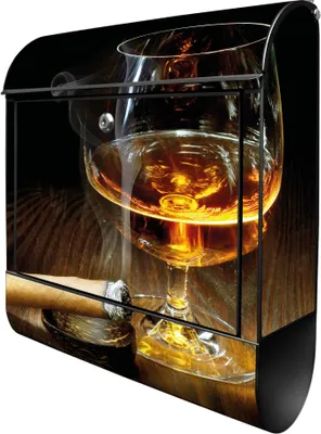 Zdjęcie produktu dla banjado design skrzynka na listy stalowa czarna z przegrodą na gazety malowana proszkowo "Whiskey & Cigar" 38x46x12,5cm & 2 klucze - Skrzynka pocztowa A4 z materiałem montażowym [BKSCH 10163]
