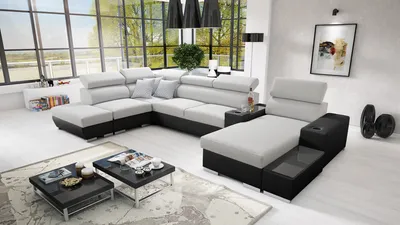 Produktbild von Wohnlandschaft in U-Form PERS V Ecksofa Eckcouch mit Schlaffunktion (Grau SAWANA 84 + schwarzes Kunstleder, Rechts)