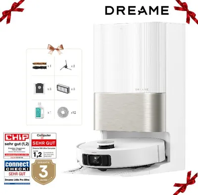 A white robot vacuum cleaner with its charging station, surrounded by promotional graphics and text.
