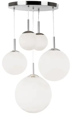 Produktbild von Hängelampe, Metall Glaskugel, 5-flammig, silber opal, H 90cm