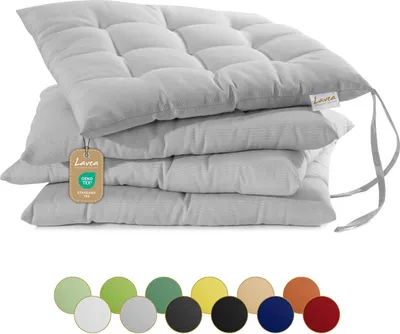 Produktbild von Lavea® Sitzkissen 40x40 cm, 4er Set, Silber - mit Stoffbändern, Outdoor & Indoor, waschbare Stuhlkissen für Garten, Balkon, Terrasse & Esszimmer