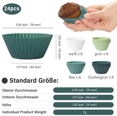 Produktbild von Silikon-Muffin-Formen – Set mit 24 Stück – Cupcake-Formen – Wiederverwendbare Muffin-Formen – Rund – Silikonform für Kuchen