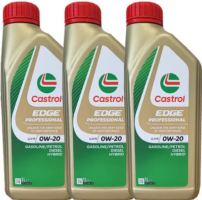 Three bottles of Castrol Edge Professional engine oil lined up.