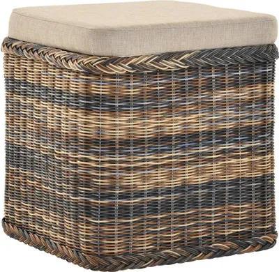 Produktbild von KRINES HOME Rattan Wäschekorb Wäschetruhe Sitz gepolstert Honig, Flur-Bank Aufbewahrungsbox mit Deckel Bad-Hocker Sitzhocker Wäschesammler Sitz-Truhe Natur (Mehrfarbig, Quadratisch)