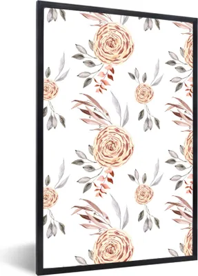Produktbild von MuchoWow® Gerahmtes Poster Rosen - Blumen - Blätter - Weiß 60x90 cm - Poster mit Schwarzem Bilderrahmen Wandposter Rahmen Foto Bilder - Kunst