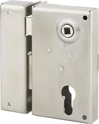 Image de Boitier de serrure verticale en applique double entrée à fouillot pour portail, gauche, axe 45mm, 73x125mm, inox - THIRARD