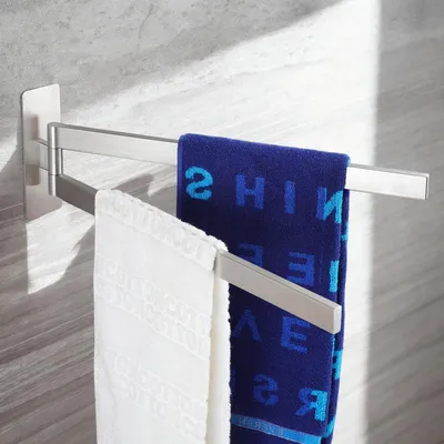 Productafbeelding van Dubbele handdoekhouder zonder boren, 180° draaibaar, 2-arms, plakbare handdoekhouder, 304 roestvrij staal, geborsteld, handdoekhouder voor badkamer en keuken, 40,8 cm