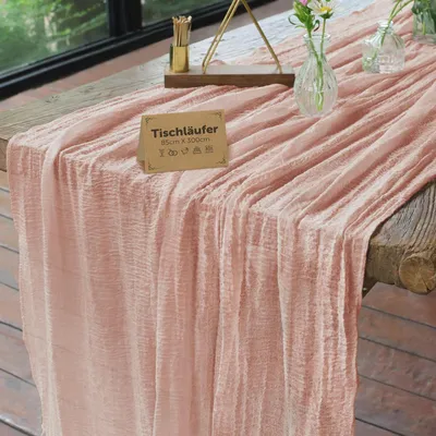 Produktbild von Tischläufer Musselin 85x300cm Rosa Boho Waschbar Tischdeko Tischband