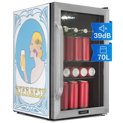 Zdjęcie produktu dla Lodówka Klarstein 70 l, mała lodówka z wyjmowanymi półkami, cicha mini lodówka z szklanymi drzwiami i oświetleniem LED, mała lodówka na napoje, nadająca się do użytku na zewnątrz, sejf na piwo w butelkach, 0–10°C