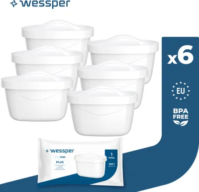 A group of white water filter cartridges are arranged on a white background, with a blue overlay on the right side containing text and icons, and a packaged filter at the bottom.