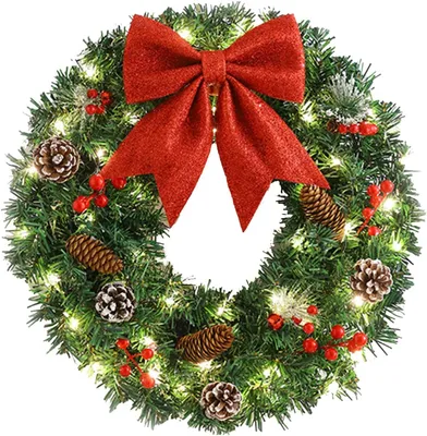 Produktbild von 40 cm Weihnachtskranz mit Lichtern, vorbeleuchtete Weihnachtsdekorationen, künstliche Rattankränze für die Haustür, mit Schleife, Tannenzapfen, Beeren