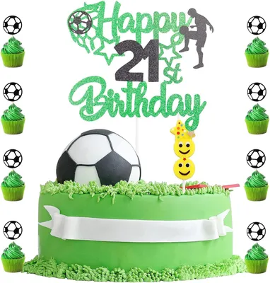 Productafbeelding van 21e verjaardag taarttopper - Set van 10 - 21 gepersonaliseerde taarttoppers - 1 verjaardagskaars met 9 voetbal