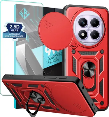 Produktbild von Armor Handyhülle für Xiaomi Redmi Note 14 Pro mit 9H Displayglas Displayschutz Kameraschutz Handy Panzer Case Cover Schutzhülle Outdoor Farbe: Rot