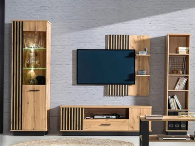 Obrázek produktu pro Stěna do obývacího pokoje s LED osvětlením MILAGRA 2 - dub wotan / černá