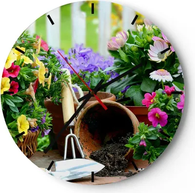 Produktbild von Wanduhr - Rund - Glasuhr - Pflanzen Garten Frühling Natur - 30x30cm - Schleichendes Uhrwerk - Lautlos - zum Aufhängen bereit - Dekoration Modern - Wanddekoration aus Glas - C3AR30x30-2682