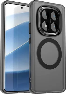 A smartphone case with a magnetic ring is shown on a gray background.