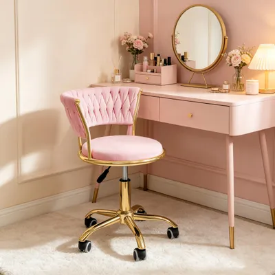 Produktbild von 1xKlein Bürostuhl,Schminkstuhl aus Samt,Schreibtischstuhl Stuhl ,Drehstuhl mit Rückenstütze,Höhenverstellbarer Home Office Stuhl für Schlafzimmer