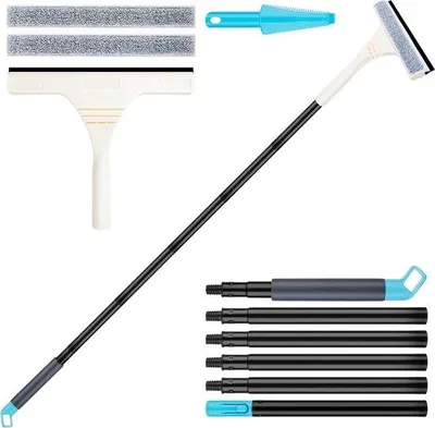 Obrázek produktu pro Uniqoos® 2 v 1: teleskopický okenní stěrač a čisticí škrabka, profesionní rukojeť 154 cm, včetně kvalitní gumy pro stírání a náhradních mikrovláknových utěrek, pro čištění oken uvnitř i venku