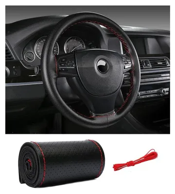 Immagine prodotto di Copri volante in pelle nera, 38 cm, con cuciture rosse. Universale per volanti rotondi e a forma di D.