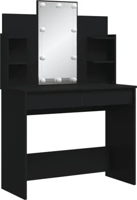 A black vanity table with a mirror and shelves.