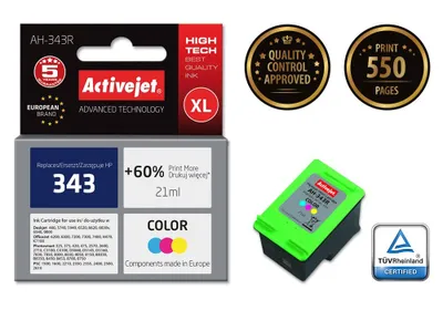 Produktbild von Activejet AH-343R Tintenpatrone (Ersatz für HP 343 C8766EE; Prämie; 21 ml; farbe), Hohe (XL-) Ausbeute, Cyan, Magenta, Gelb, Tinte auf Pigmentbasis, 21 ml, 1 Stück(e), 550 Seiten