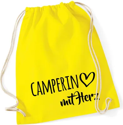 Produktbild von Huuraa Turnbeutel Camperin mit Herz 12 Liter Yellow Baumwolle Rucksack Geschenkidee