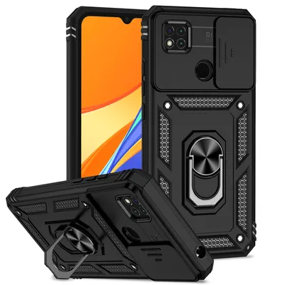 Immagine prodotto di Custodia per Xiaomi Redmi 10A / 9C a doppio strato con copertura scorrevole della fotocamera e supporto ad anello nero