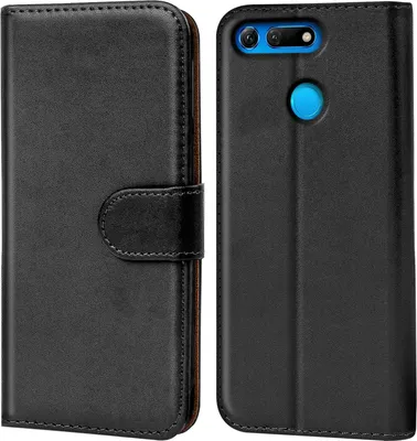 A black flip case for a smartphone is shown, with the phone inserted in one view and the case closed in another.
