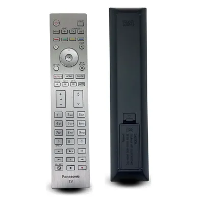A silver and black Panasonic TV remote control is shown from the front and back against a white background.