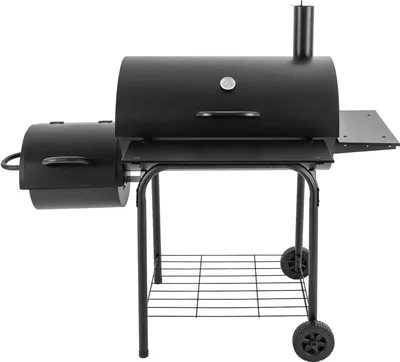 Obrázok produktu pre Gril na drevené uhlie BBQ – grilovací vozík – veľká kapacita – integrovaný teplomer – komín – 2 rošty – 2 bočné odkladacie plochy – čierny