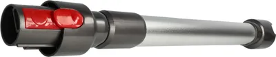 A vacuum cleaner extension tube with red buttons and a silver body, isolated on a white background.