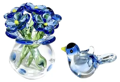 Produktbild von Niedliche Mini-Figur aus mundgeblasenem Glas mit Kunstkristallblume, Sammlerstück, kleine Blumenvase mit Biene/Vogel als Dekoration für Zuhause oder Büro.
