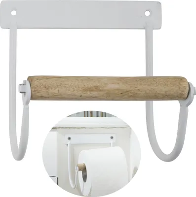 Produktbild von LS-LebenStil Vintage Metall Toilettenpapierhalter Weiß 14cm Altum Rollenhalter Holzrolle Wandmontage WC Papier Halterung Klopapierhalter Badezimmer