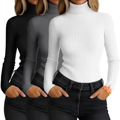 Productafbeelding van 3-Pack Dames Geribbelde Thermische Coltrui Tops Lange Mouwen Lichtgewicht Basislaag