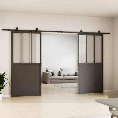 Produktbild von Loftschiebetür 2-flügelig, Stahl schwarz mit Klarglas Einsatz, 1800x2150 mm, Komplettset, offene Laufschiene, Softclose