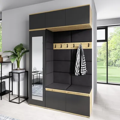Produktbild von Garderoben-Set "MIKA" Kleiderschrank mit Polsterplatten Schuhschrank Schrankaufsatz Hängeschrank Flur und Eingangsbereich Artisan/Schwarz, Trinity 16