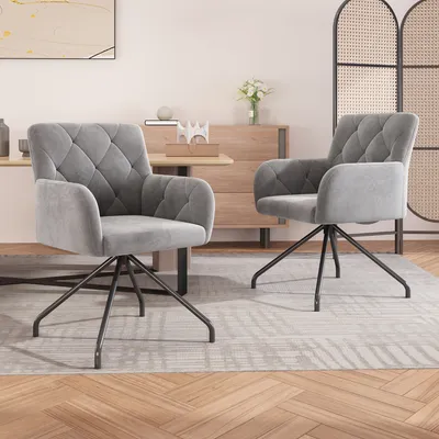 Produktbild von MODFU Esszimmerstuhl  Küchenstuhl Relaxsessel 2er set  mit 4 Metallbeinen Polstersessel,Lendenwirbelstütze,für Shlafzimmer,Arbeitzimmer und Schreibtisch,Samt,hellgrau