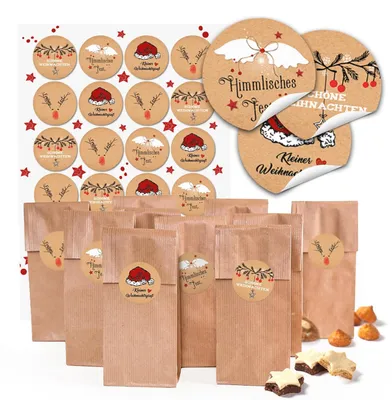 Produktbild von 24 braune Blockbodenbeutel Pralinentüten Gebäck-Papier-Tüten mit Pergamineinlage (7 x 4 x 20,5 cm) + 24 Weihnachts-Aufkleber in grau rot weiß Frohe Weihnachten (14127) als Verpackung zum FüllenWeihnachtsmotive Kraftpapier