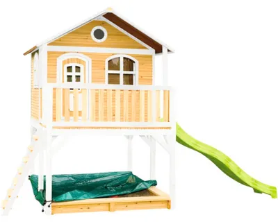 Produktbild von AXI Spielhaus Marc mit Sandkasten & Rutsche in Hellrün | Stelzenhaus in Braun & Weiß aus Holz für Kinder | Spielturm mit Wellenrutsche für den