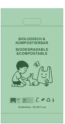 Produktbild von Kompostierbare Tragetasche mit Griff aus Maisstärke 25+35+7+4x35 cm Grün – 1500 Stück Karton – RyanPack