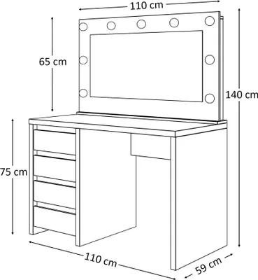 A line drawing diagram of a white vanity table with a lighted mirror and dimensions indicated.