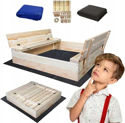 Imagen del producto de Caja de arena con banco integrado, 100 x 100 cm, con techo, madera natural. Caja de arena para niños, calidad premium para parques infantiles