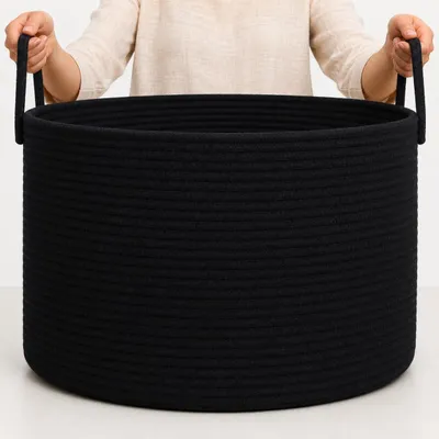 Produktbild von Runder Wäschekorb 50x33 cm, Baumwollseil, schwarz, für Kinderzimmer