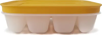A close-up, front view of a white and yellow Tupperware freezer container with a lid, designed for mini ice cubes.