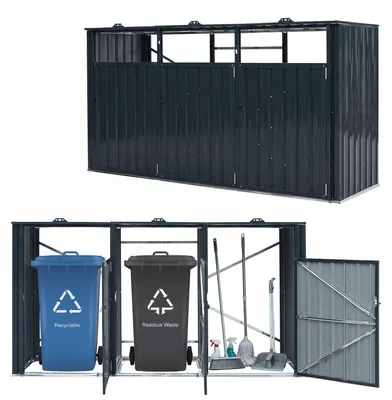 Produktbild von COSTWAY Mülltonnenbox 3er, Mülltonnenverkleidung für 3 Tonnen, verzinktem Stahl, Müllbox mit 3 Deckeln & abschließbaren Türen, Outdoor Mülltonne, Grau