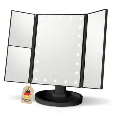 Produktbild von Intirilife Schminkspiegel mit 22 LED und USB Kabel zum Aufladen in Schwarz 3 Seiten Kosmetikspiegel 1X/ 2X/ 3X Vergrößerung Makeup Spiegel dimmbar, natürliches Licht- Tischspiegel Klappbar