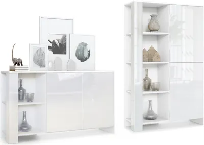 Produktbild von Vladon Wohnraum Set Venedig, bestehend aus Highboard mit 2 Türen und 8 Fächern und Sideboard mit 2 Türen und 6 Fächern, Korpus Weiß matt, Fronten Weiß Hochglanz, Nachbildung-Paneele Weiß Hochglanz