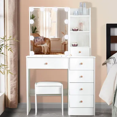 Immagine prodotto di Comò da trucco con illuminazione e sgabello, 6 cassetti, 6 scomparti, bianco, 80 x 130 cm