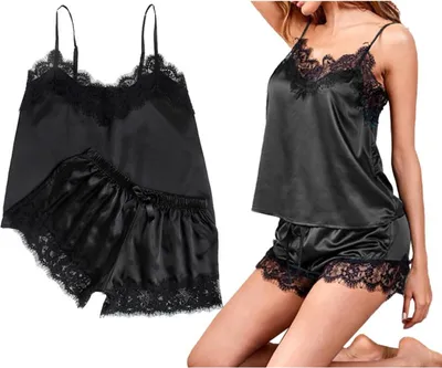 Immagine prodotto di Pigiama - Set da notte - per donna - Raso - Camicia da notte con pantaloncini - con pizzo - Taglia unica - Nero